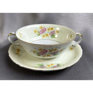 Black Knight Yellow Pink Floral Double Handle Gold Trim Teacup & Saucer